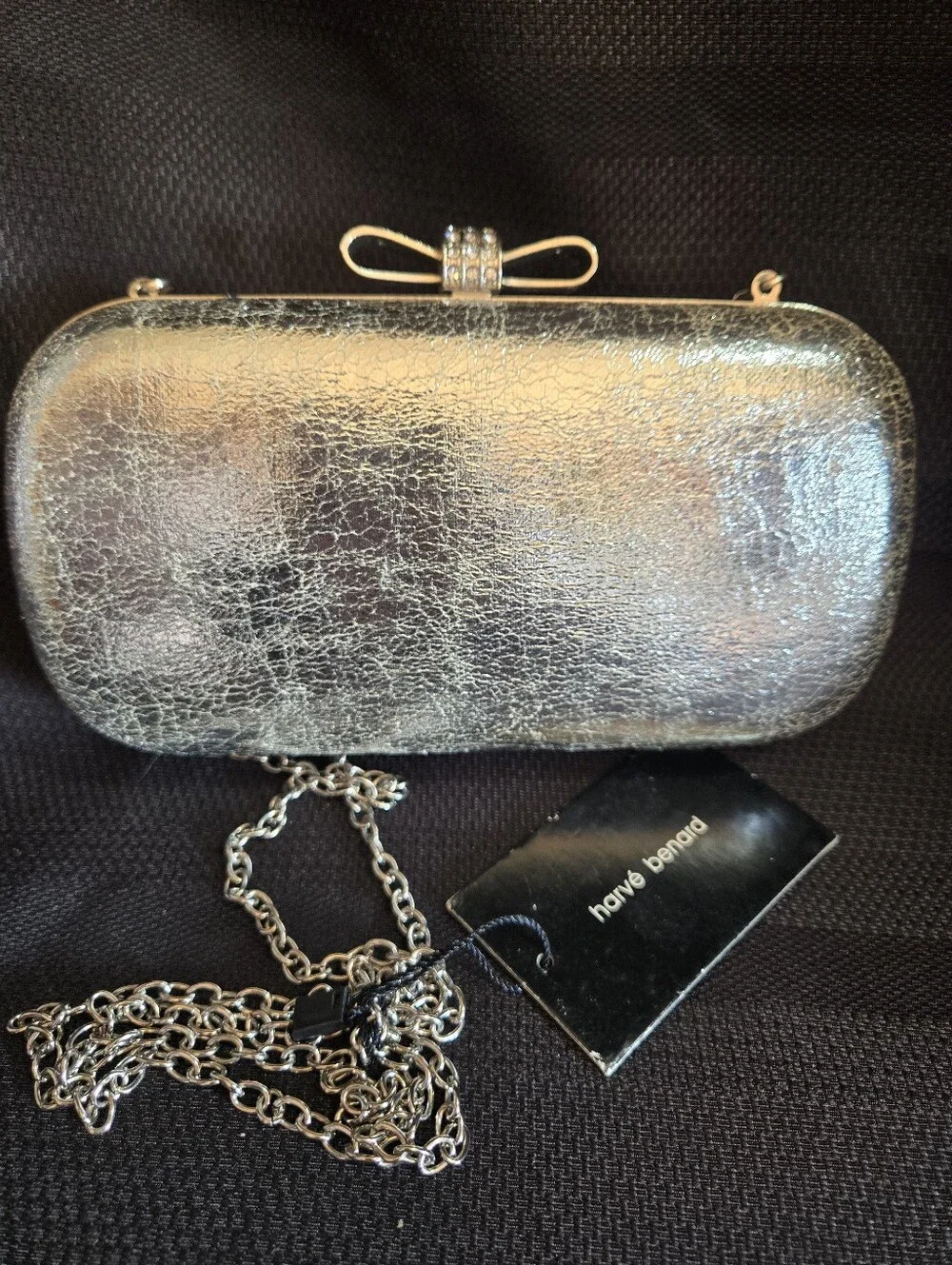 Harve Benard Silver Metallic Bow Clasp Chain Clutch NWT